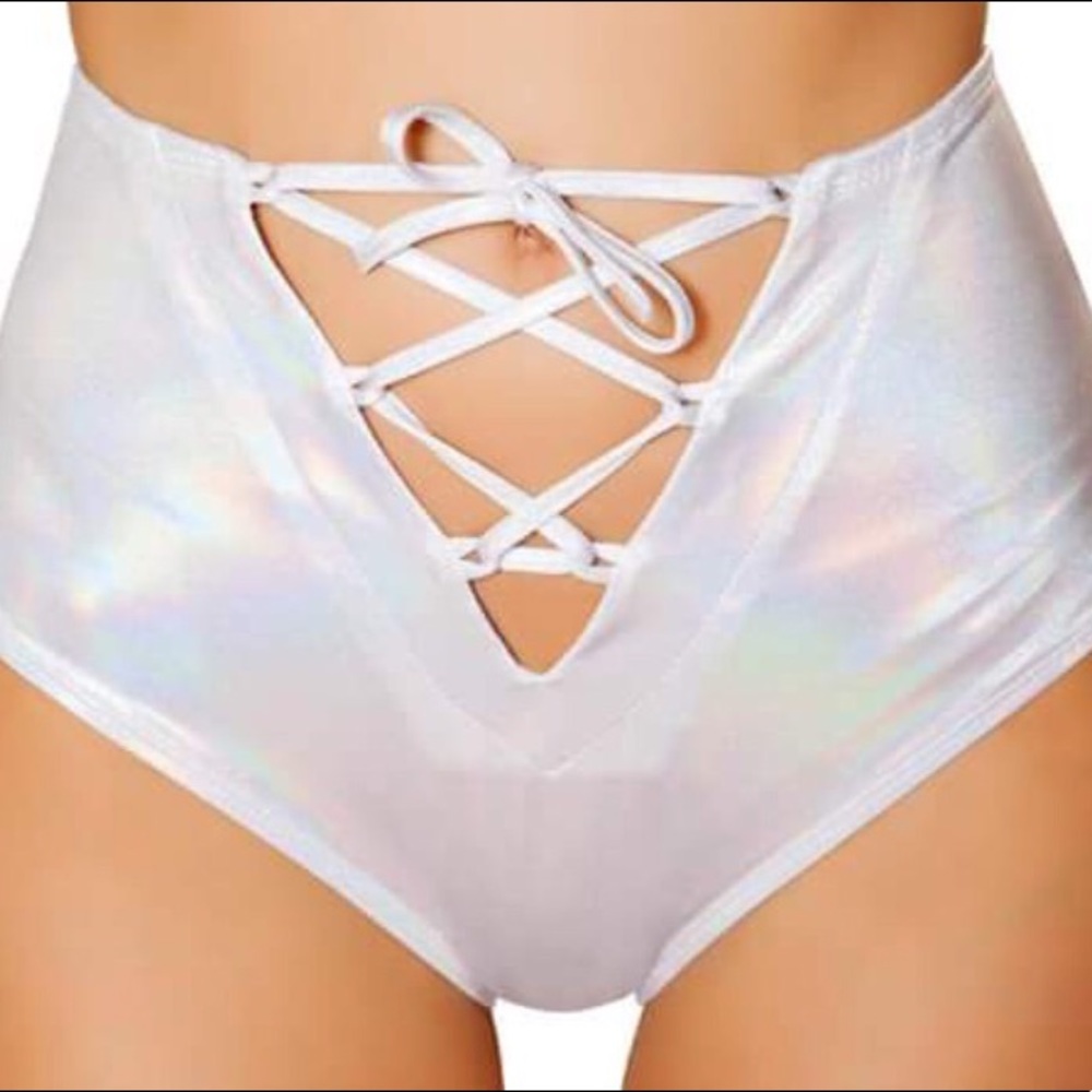 White/silver holographic laceup highwaist bottoms